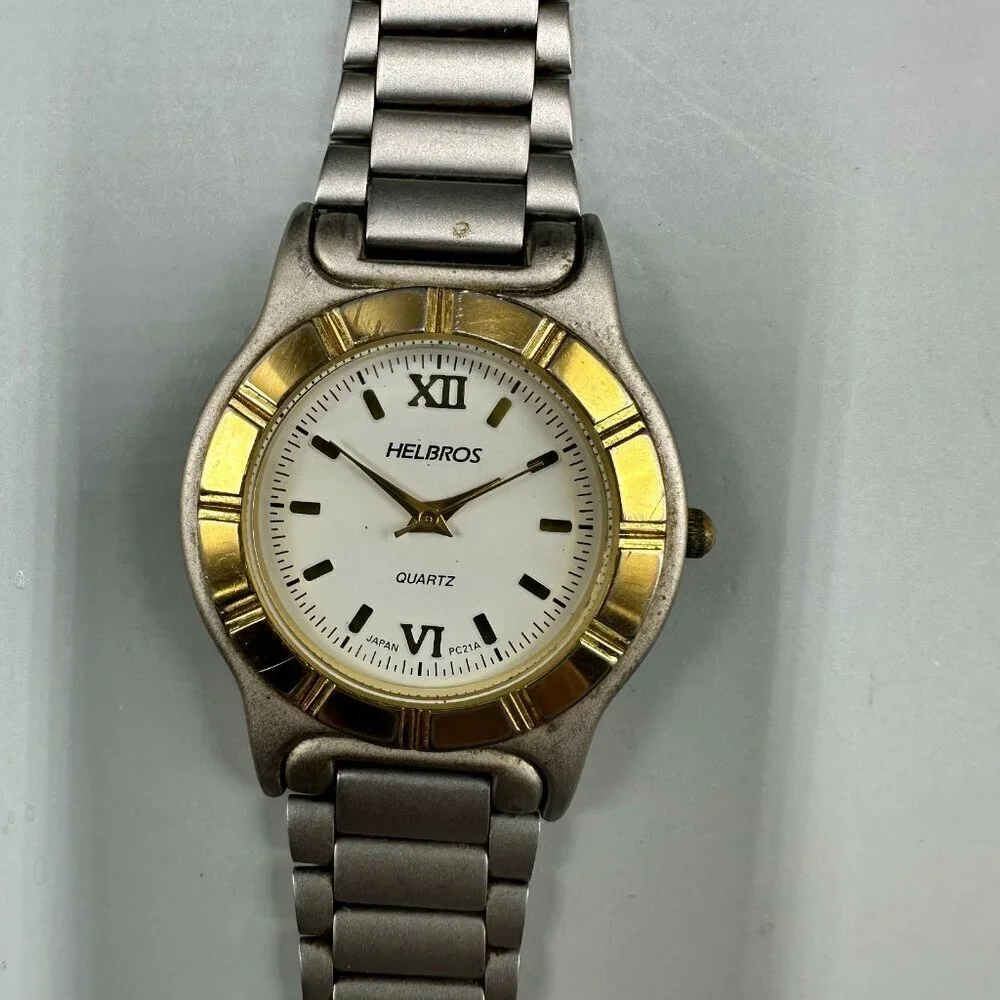 Vintage Helbros Watch Men Silver Gold Two Tone White Dial New Battery 8.5 Inch